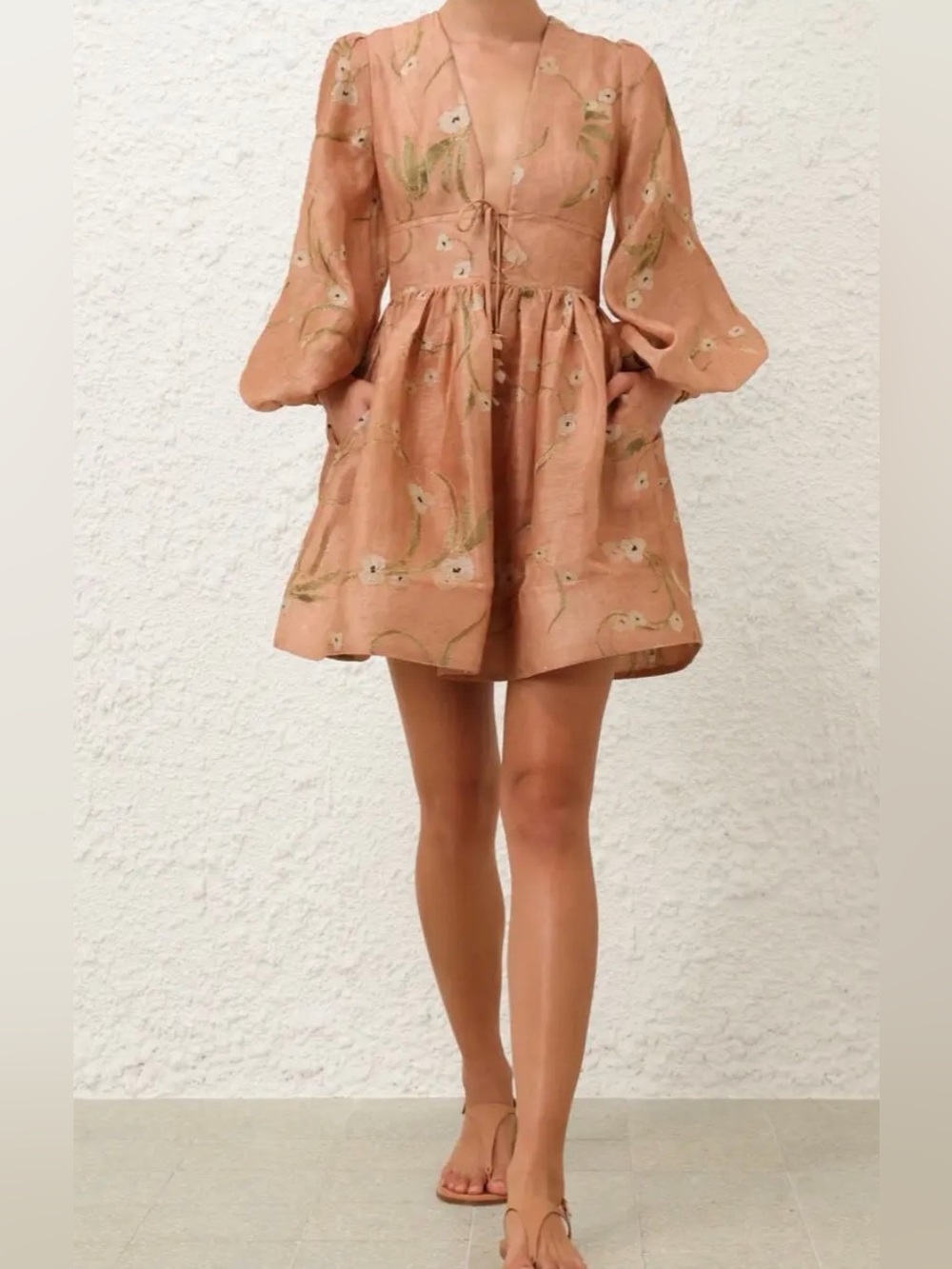 Zimmermann Peach Floral Tie-Front Mini Dress 0 - Picture 5 of 10